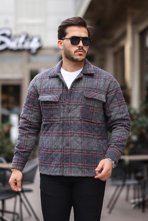Miron Füme Bordo Kareli Kapitone Detaylı Regular Fit Ceket-2453