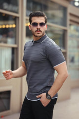 Miron Füme Kabartma Çizgi Polo Yaka Triko Tişört- 2403