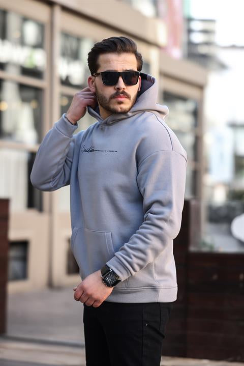 Miron Füme Sırt Şeritli Kapüşonlu Üç İplik Oversize Sweatshirt-2437