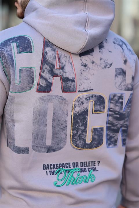 Miron Füme Sırtı Baskılı Kapüşonlu Üç İplik Oversize Sweatshirt- 2441