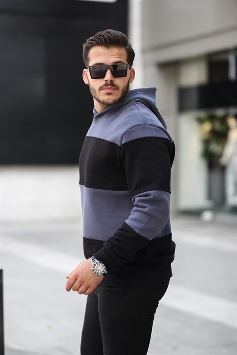 Miron Füme Siyah Blok Parçalı Overisize Kapşonlu Üç İplik Sweatshirt- 2316