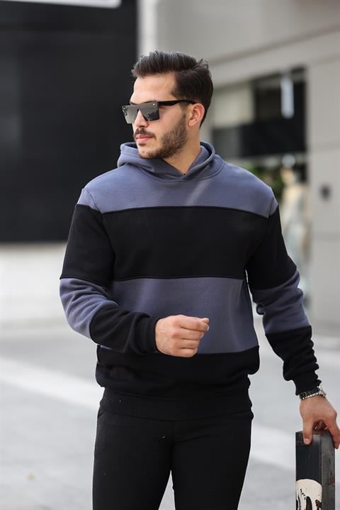 Miron Füme Siyah Blok Parçalı Overisize Kapşonlu Üç İplik Sweatshirt- 2316