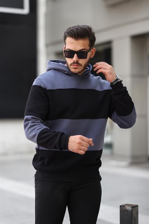 Miron Füme Siyah Blok Parçalı Overisize Kapşonlu Üç İplik Sweatshirt- 2316