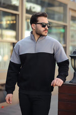 Miron Füme Siyah İki Renk Fermuarlı Üç İplik Oversize Sweatshirt -2457