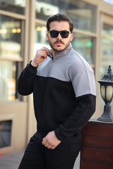 Miron Füme Siyah İki Renk Fermuarlı Üç İplik Oversize Sweatshirt -2457