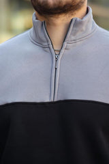 Miron Füme Siyah İki Renk Fermuarlı Üç İplik Oversize Sweatshirt -2457