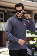 Miron Füme Unisex Nakışlı Dik Yaka Yarım Fermuarlı Polar Sweatshirt- 2321