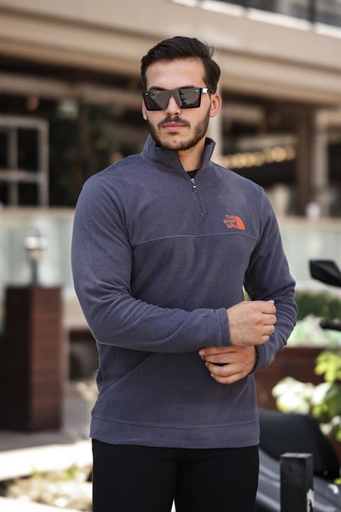 Miron Füme Unisex Nakışlı Dik Yaka Yarım Fermuarlı Polar Sweatshirt- 2321