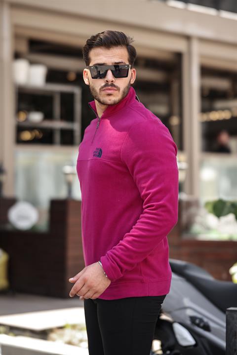 Miron Fuşya Unisex Nakışlı Dik Yaka Yarım Fermuarlı Polar Sweatshirt- 2321