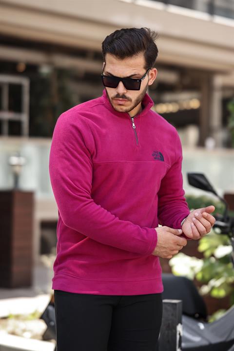 Miron Fuşya Unisex Nakışlı Dik Yaka Yarım Fermuarlı Polar Sweatshirt- 2321
