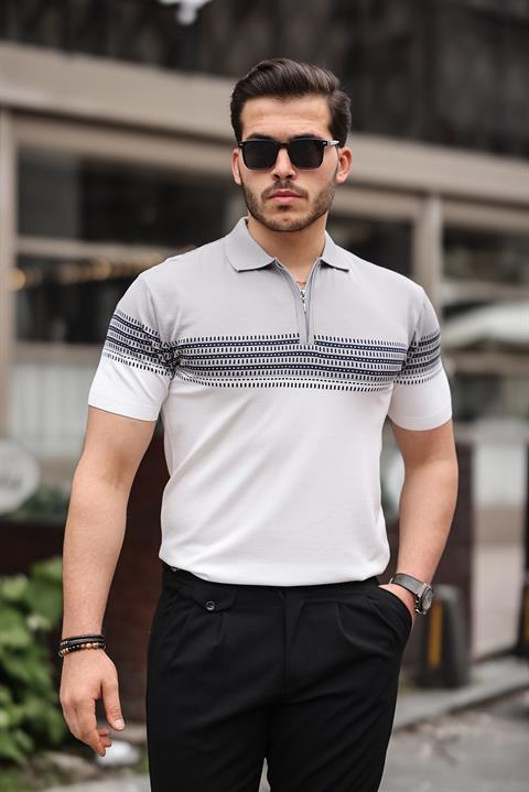 Miron Gri Beyaz Fermuarlı Triko Polo Yaka Tişört- 2419