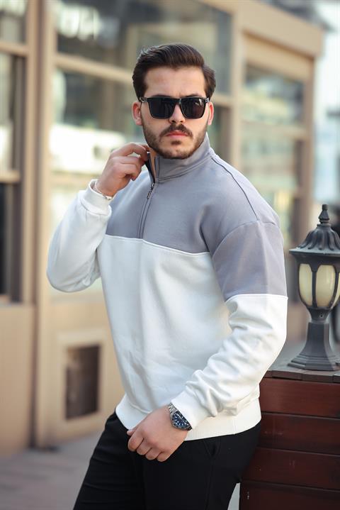 Miron Gri Beyaz İki Renk Fermuarlı Üç İplik Oversize Sweatshirt -2457