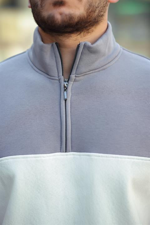 Miron Gri Beyaz İki Renk Fermuarlı Üç İplik Oversize Sweatshirt -2457