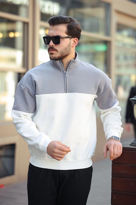 Miron Gri Beyaz İki Renk Fermuarlı Üç İplik Oversize Sweatshirt -2457