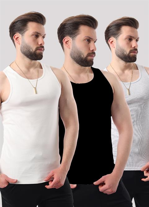 Miron Gri Beyaz Siyah Erkek Ribana Üçlü Paket Pamuklu Likralı & Atlet- 2517
