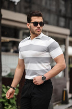 Miron Gri Beyaz Triko Blok Parçalı Polo Yaka Tişört- 2417