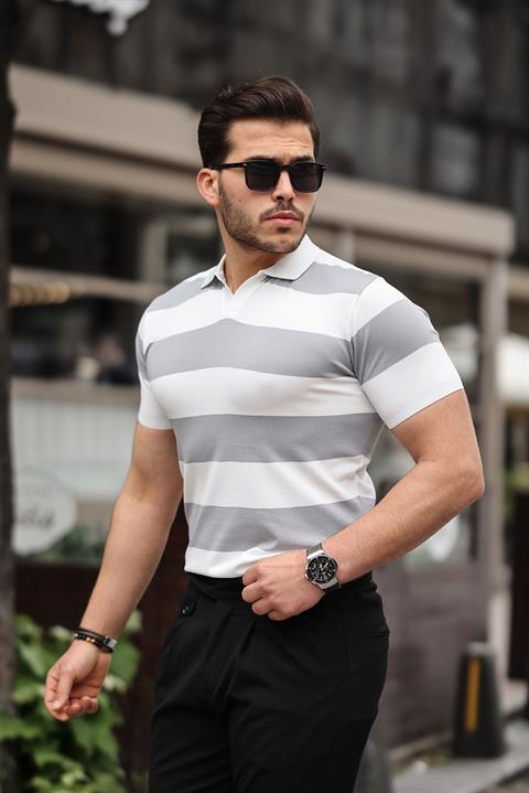 Miron Gri Beyaz Triko Blok Parçalı Polo Yaka Tişört- 2417