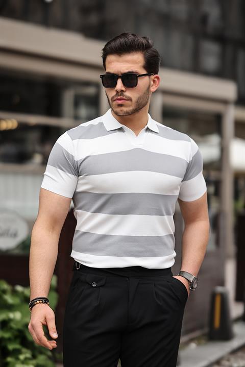 Miron Gri Beyaz Triko Blok Parçalı Polo Yaka Tişört- 2417