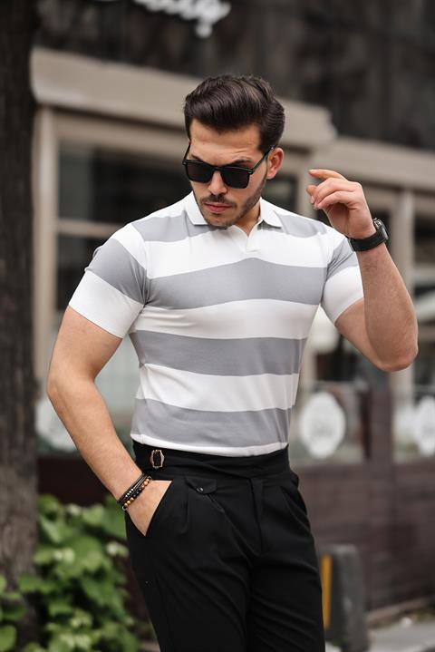 Miron Gri Beyaz Triko Blok Parçalı Polo Yaka Tişört- 2417