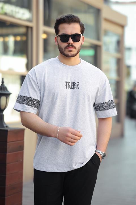 Miron Gri Tribe Baskı Detaylı Sıfır Yaka Kısa Kollu Oversize Tişört- 2503