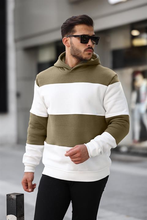 Miron Haki Beyaz Blok Parçalı Overisize Kapşonlu Üç İplik SweatshirT- 2316
