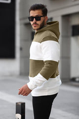 Miron Haki Beyaz Blok Parçalı Overisize Kapşonlu Üç İplik SweatshirT- 2316