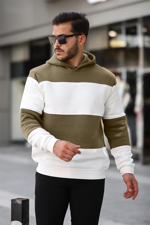 Miron Haki Beyaz Blok Parçalı Overisize Kapşonlu Üç İplik SweatshirT- 2316