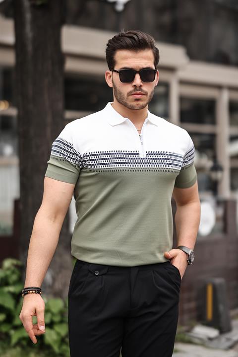 Miron Haki Beyaz Fermuarlı Triko Polo Yaka Tişört- 2419