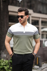 Miron Haki Beyaz Fermuarlı Triko Polo Yaka Tişört- 2419