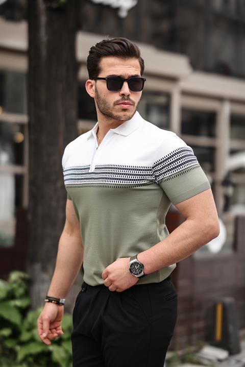 Miron Haki Beyaz Fermuarlı Triko Polo Yaka Tişört- 2419