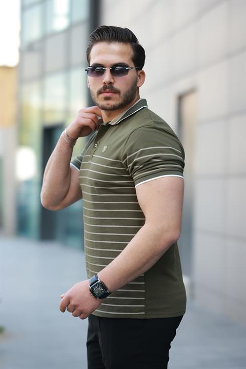 Miron Haki Çizgili Polo Yaka Kısa Kollu Tişört-2515