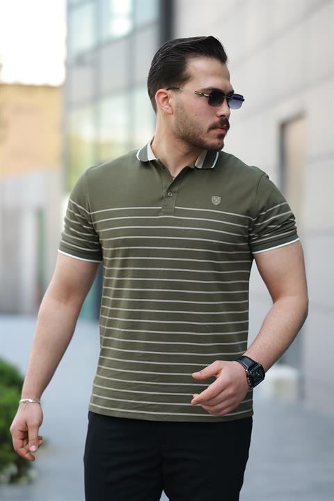 Miron Haki Çizgili Polo Yaka Kısa Kollu Tişört-2515