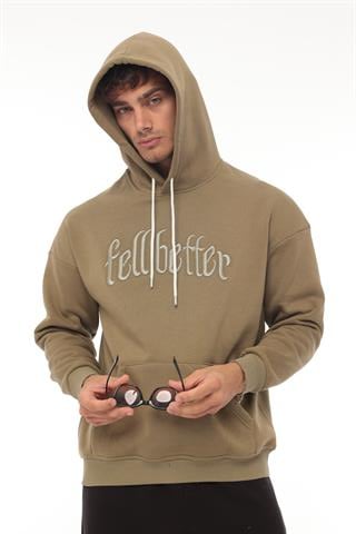 Miron Haki Fell Better Nakışlı Kapşonlu Üç İplik Oversize Sweatshirt- 2318
