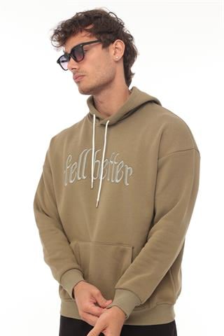 Miron Haki Fell Better Nakışlı Kapşonlu Üç İplik Oversize Sweatshirt- 2318