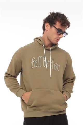 Miron Haki Fell Better Nakışlı Kapşonlu Üç İplik Oversize Sweatshirt- 2318