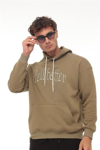 Miron Haki Fell Better Nakışlı Kapşonlu Üç İplik Oversize Sweatshirt- 2318