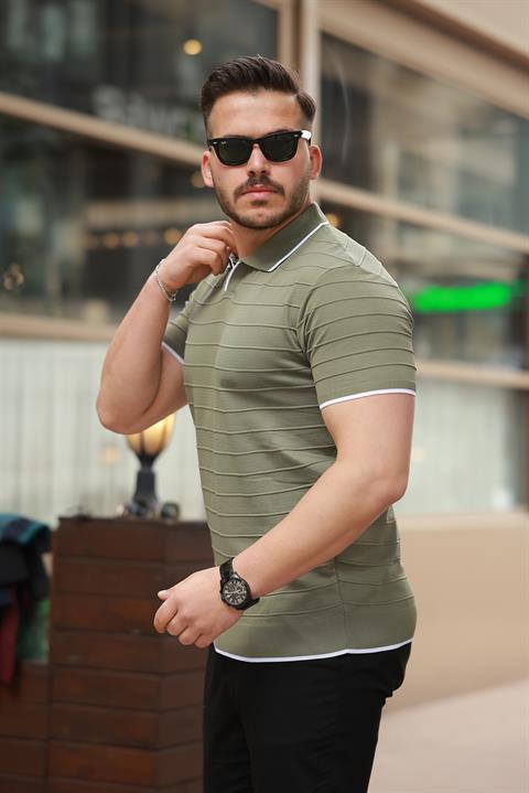 Miron Haki Kabartma Çizgi Polo Yaka Triko Tişört- 2403