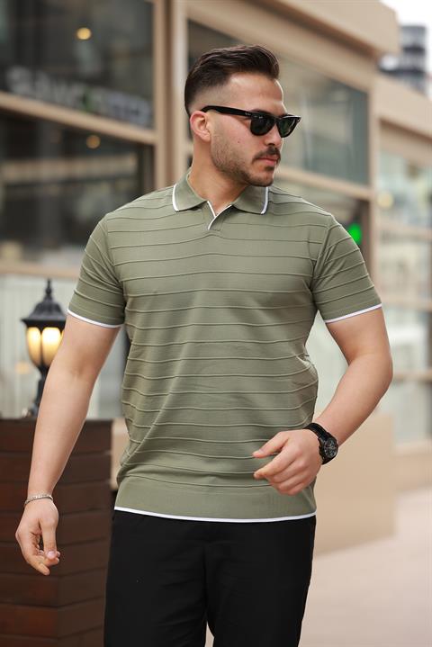 Miron Haki Kabartma Çizgi Polo Yaka Triko Tişört- 2403