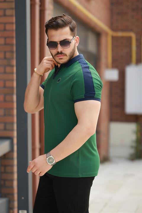 Miron Haki Nakışlı V Polo Yaka Kısa Kollu Tişört-2524
