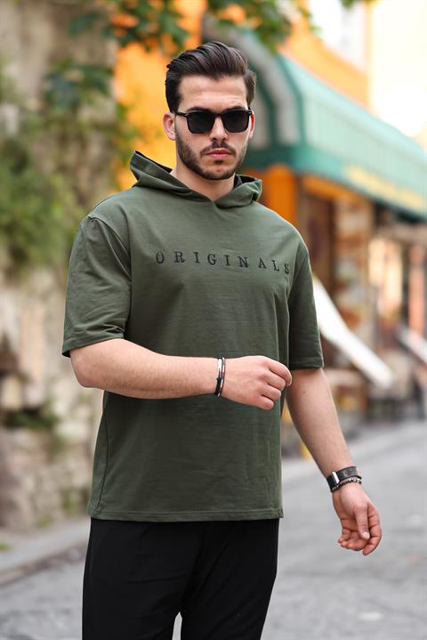 Miron Haki Originals Nakışlı Kapşonlu İki İplik Kısa Kollu Tişört- 2404