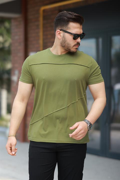 Miron Haki Parçalı Dikiş Detaylı Regular Fit Kısa Kollu Tişört -2523