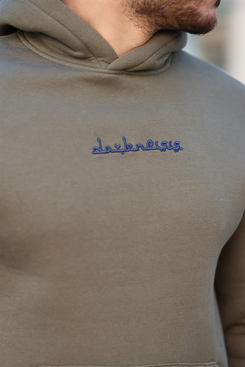 Miron Haki Sırtı Etnik Baskılı Kapüşonlu  Üç İplik Oversize Sweatshirt-2438