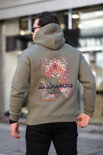 Miron Haki Sırtı Etnik Baskılı Kapüşonlu  Üç İplik Oversize Sweatshirt-2438