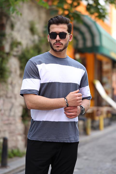 Miron İki Renk Kısa Kollu Tişört Oversize- Füme Beyaz- 2421