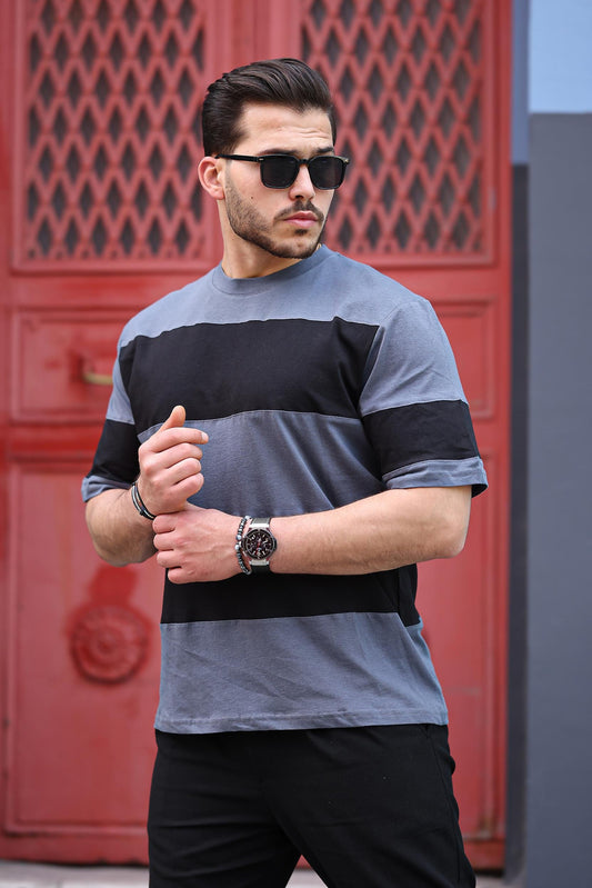 Miron İki Renk Kısa Kollu Tişört Oversize - 2421