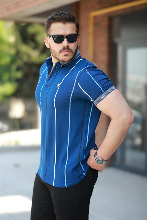 Miron İndigo Dikey Çizgili Polo Yaka Kısa Kollu Tişört- 2502