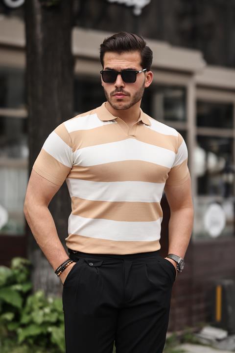 Miron Kahverengi Beyaz Triko Blok Parçalı Polo Yaka Tişört- 2417