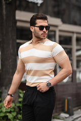 Miron Kahverengi Beyaz Triko Blok Parçalı Polo Yaka Tişört- 2417