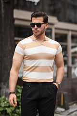 Miron Kahverengi Beyaz Triko Blok Parçalı Polo Yaka Tişört- 2417