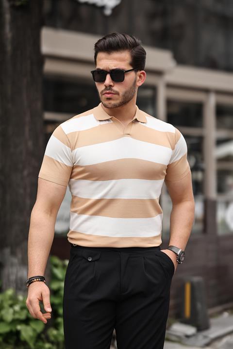 Miron Kahverengi Beyaz Triko Blok Parçalı Polo Yaka Tişört- 2417